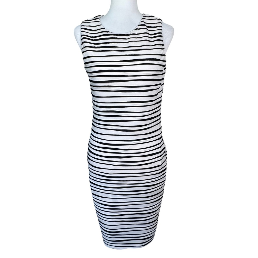 CALVIN KLEIN Womens 10 Black White Sleeveless Striped Textured Sheath Midi Dress